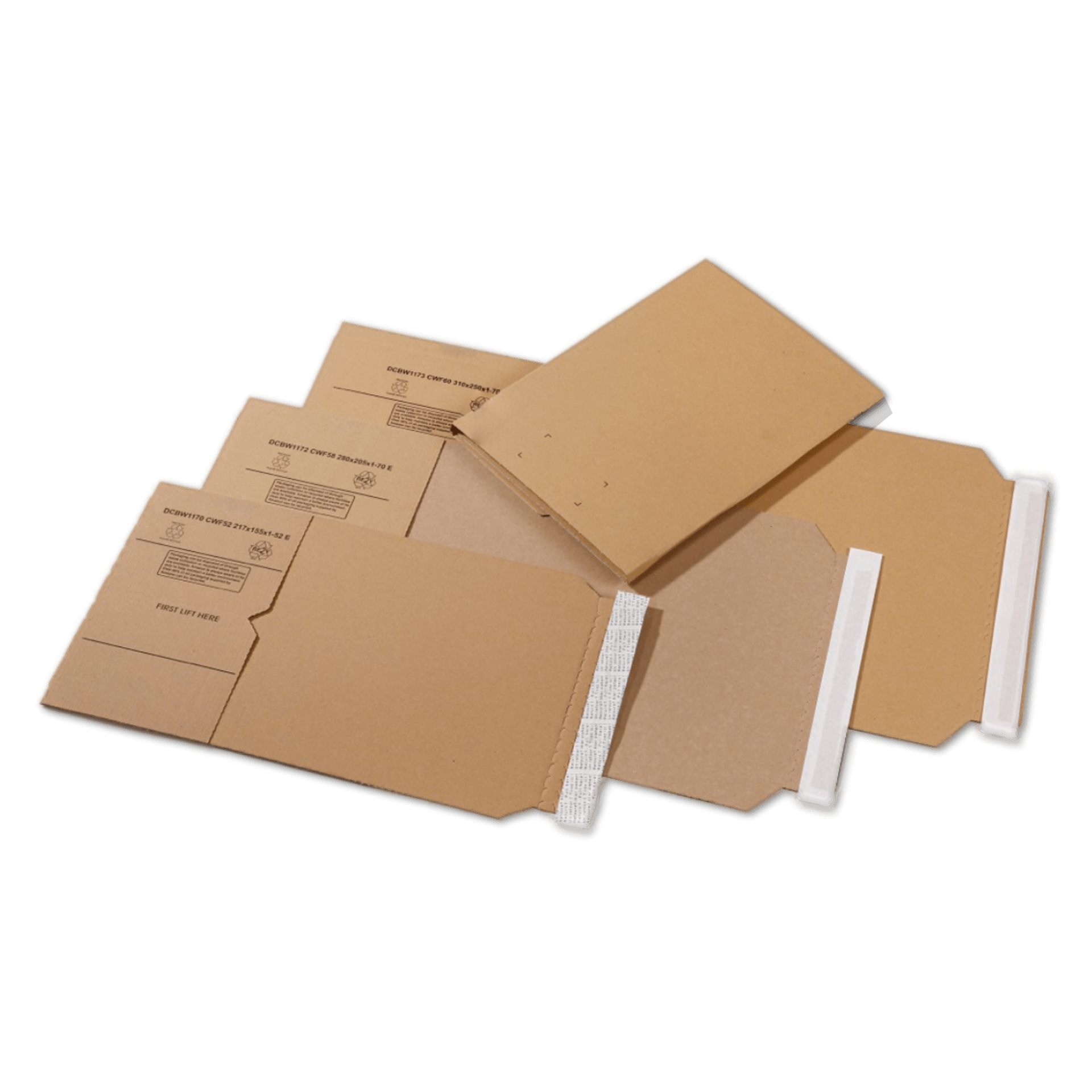 Buchverpackungen in unterschiedlichen Größen flachliegend