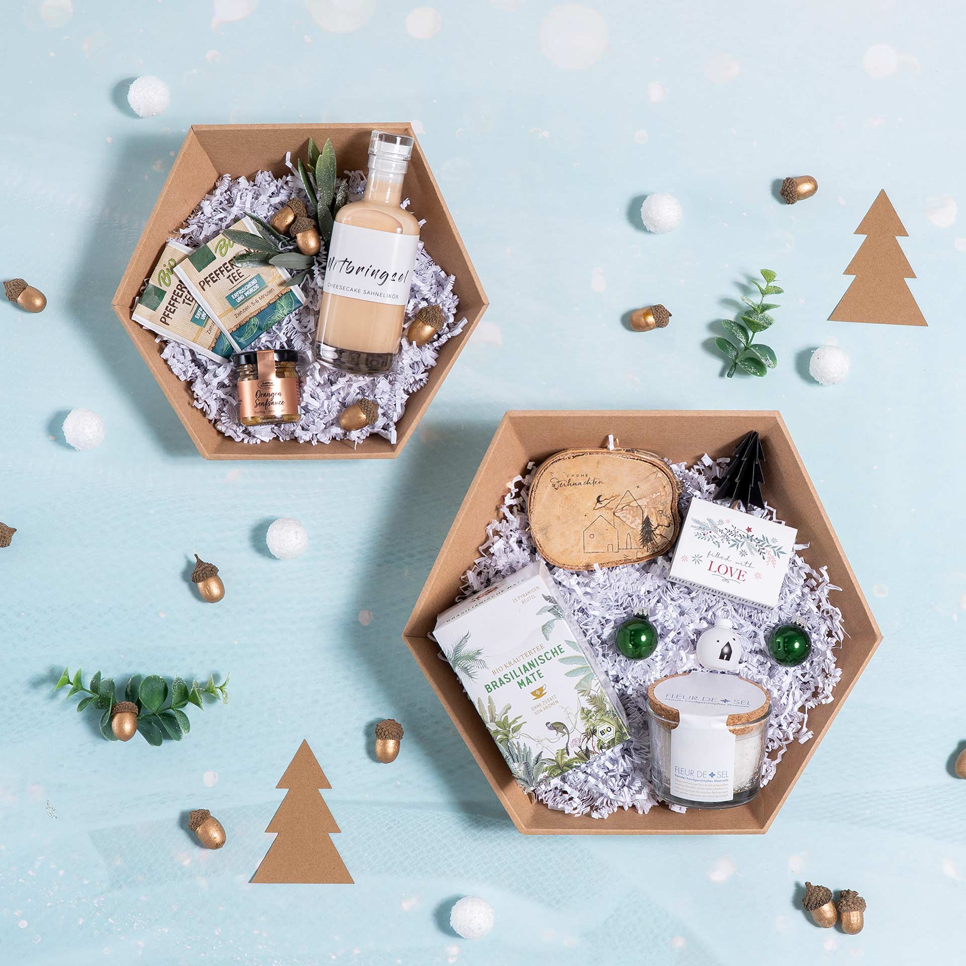 Präsentkorb sechseckig mit dem Motiv Winterte in der Draufsicht