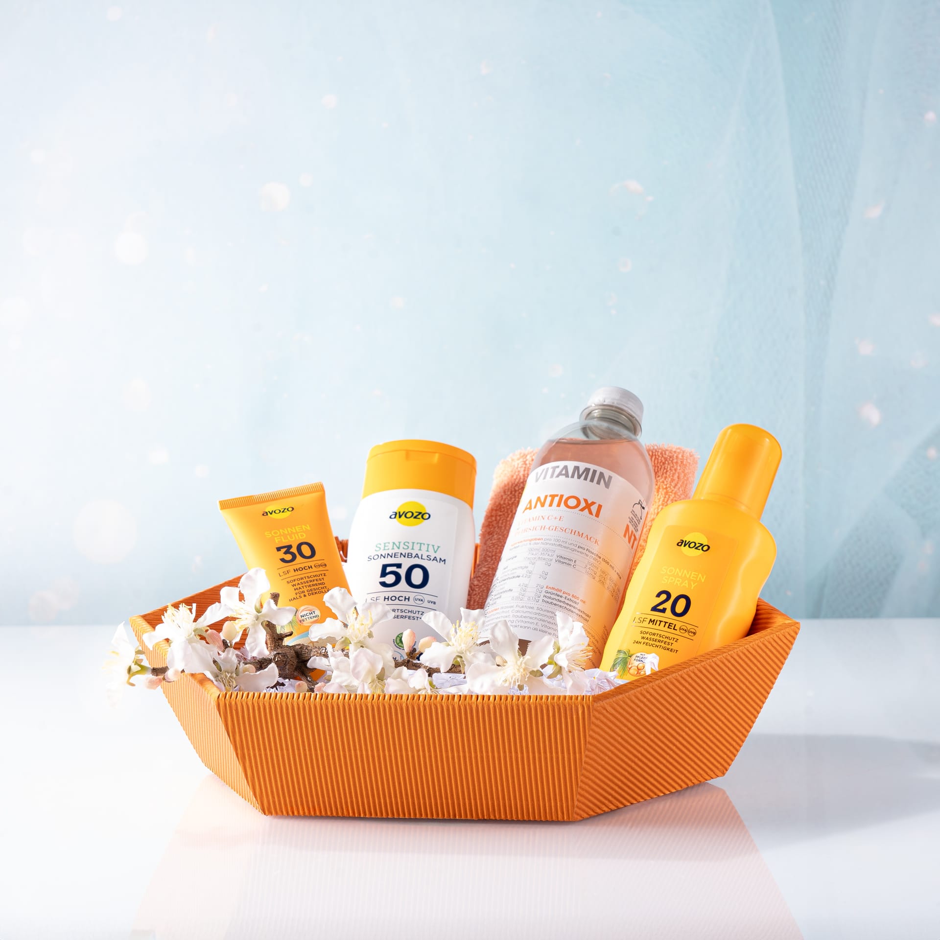 Präsentkorb sechseckig Orange mit Inhalt Quadrat