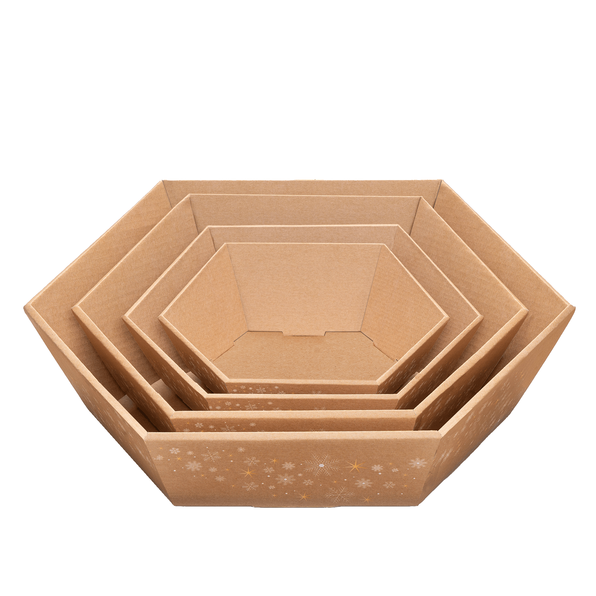 Alle Präsentkörbe sechseckig mit dem Motiv Winterte ineinander gestapelt