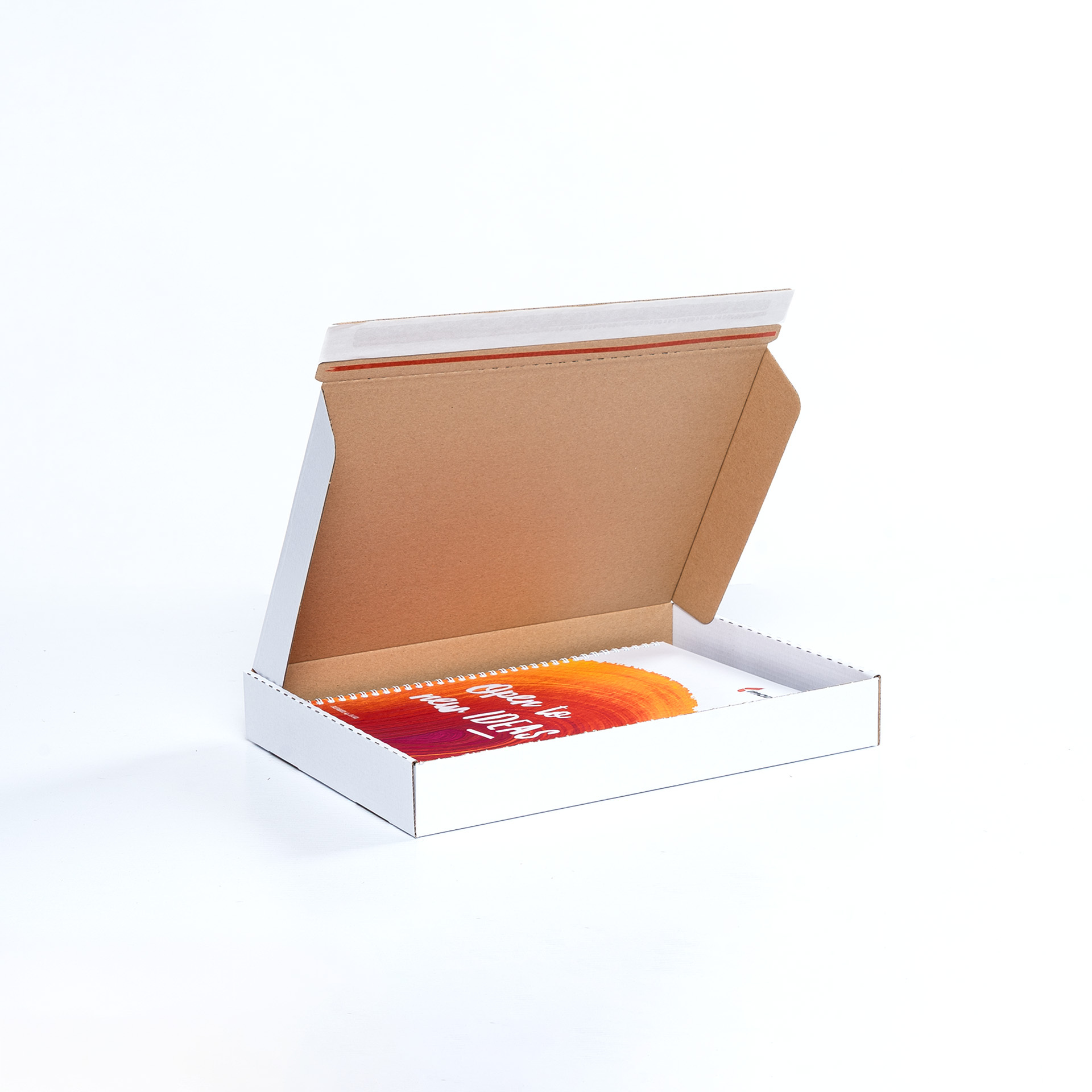 Versandschachtel Weiss Maxibrief 350x250x50mm halb geöffnet mit Inhalt