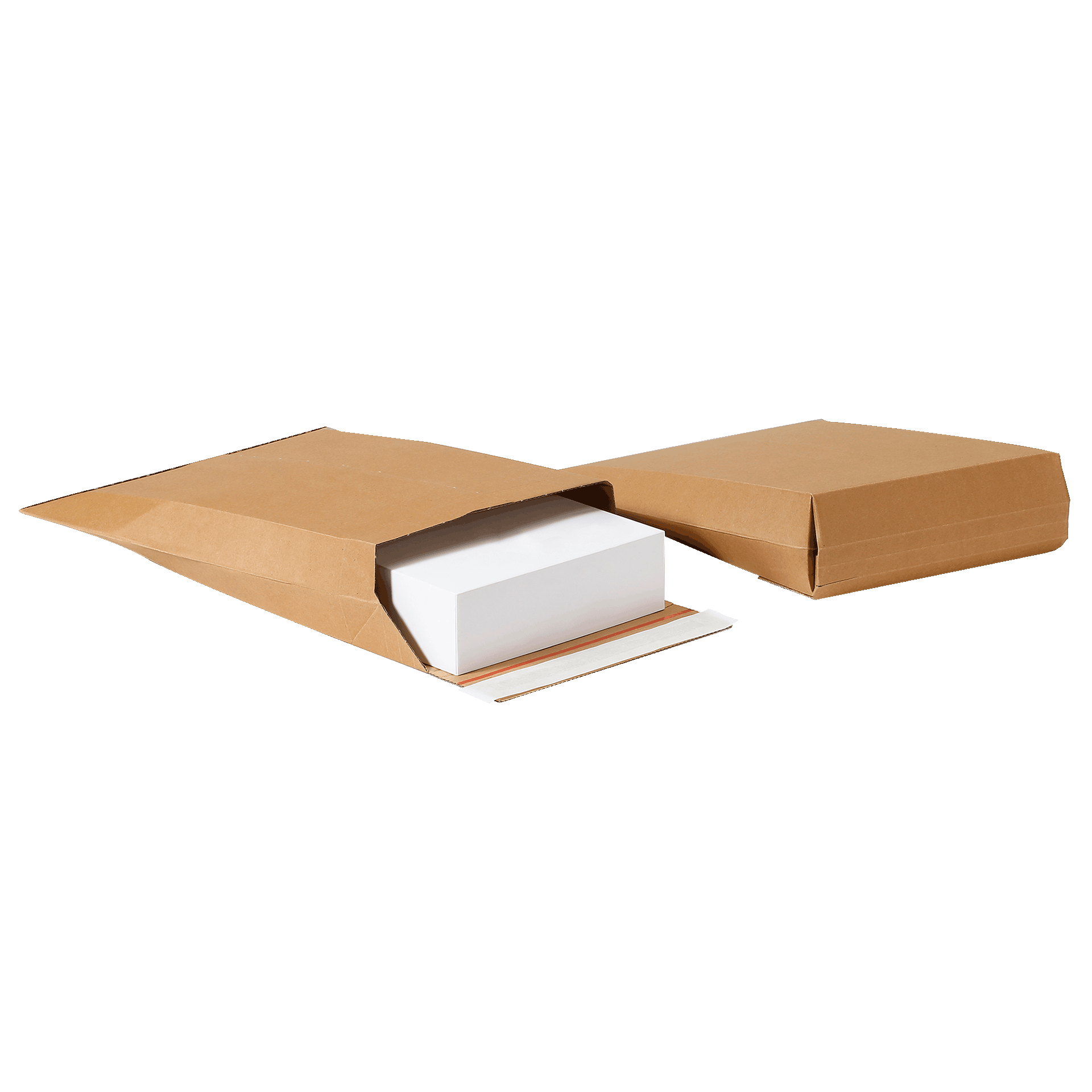 Zwei Versandtaschen aus Wellpappe M mit einer weißen Box als Inhalt