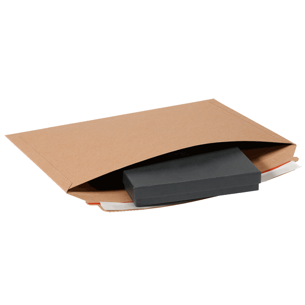 Versandtasche aus Vollpappe L mit einer schwarzen flachen Produktbox