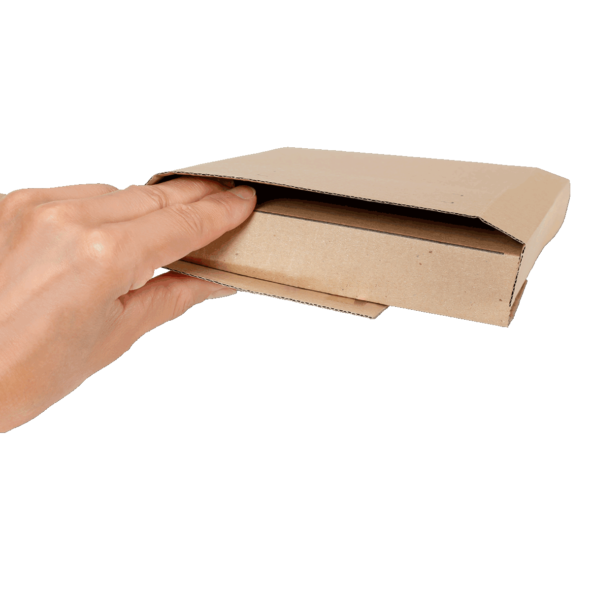 Buchverpackung Extrasafe mit Hand zur Verdeutlichung der Sicherung