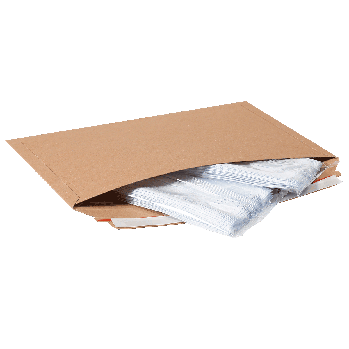 Versandtasche aus Vollpappe S mit zwei Packungen OP Masken in Folie