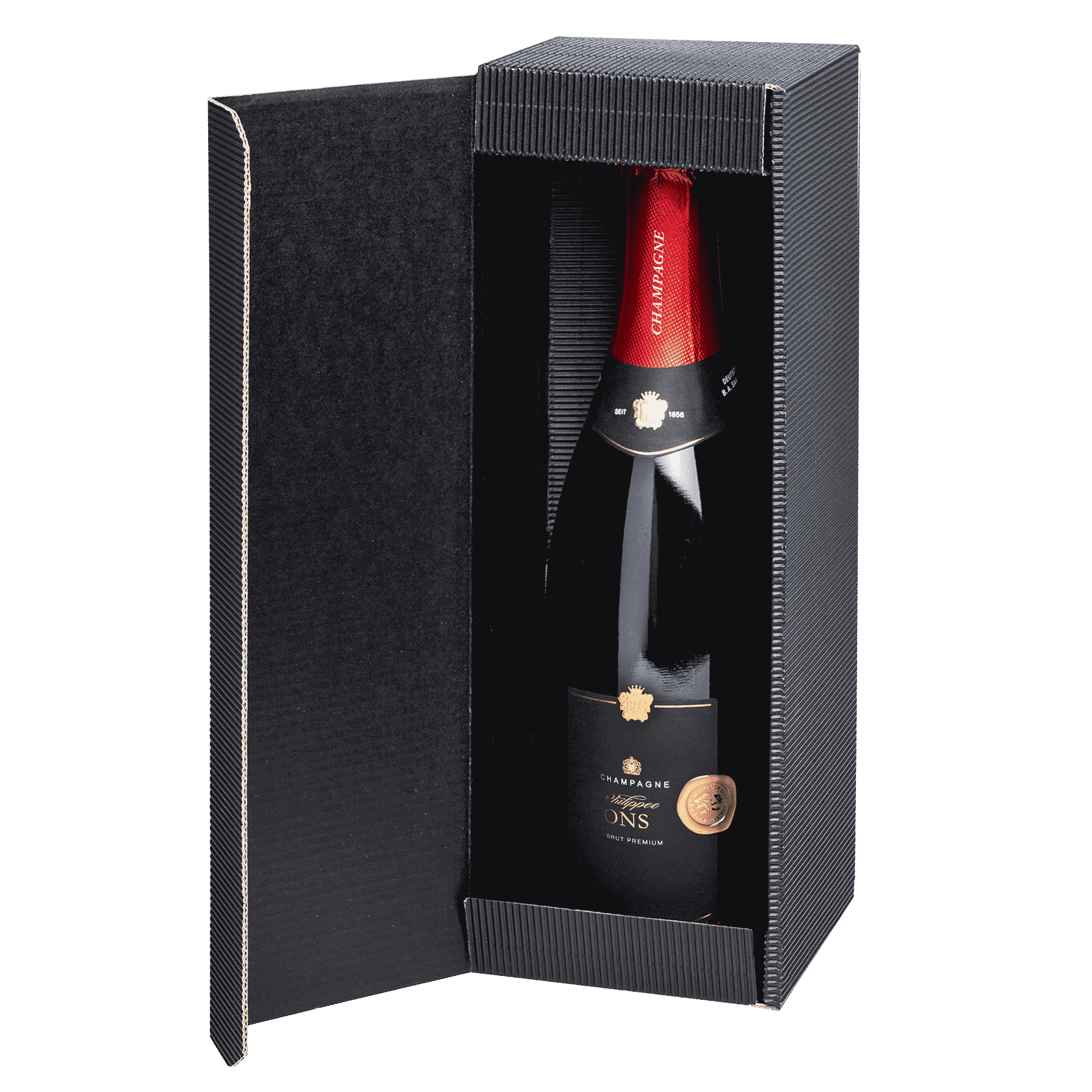 1er PV Champagner schwarz geöffnet mit Flasche