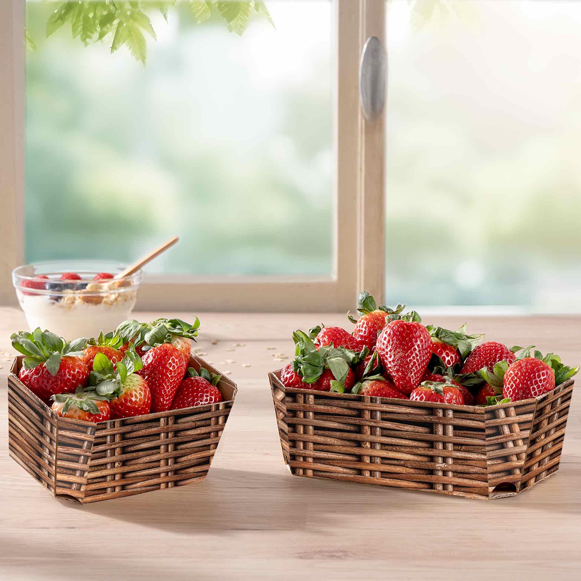 Zwei Beerenschalen mit Erdbeeren und Motiv Flechtkorb