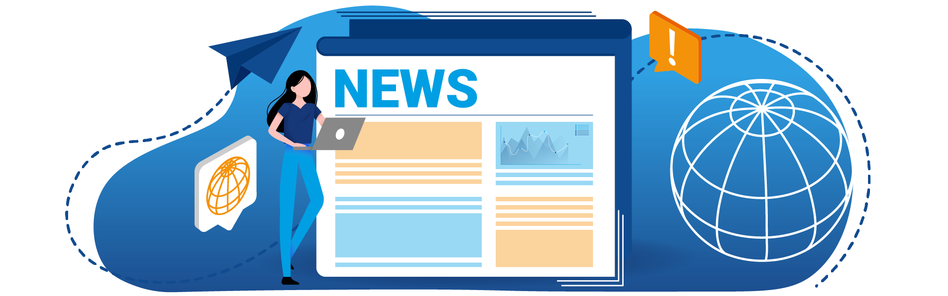 Eine Frau hält einen Laptop dahinter ist ein großer Newsbanner