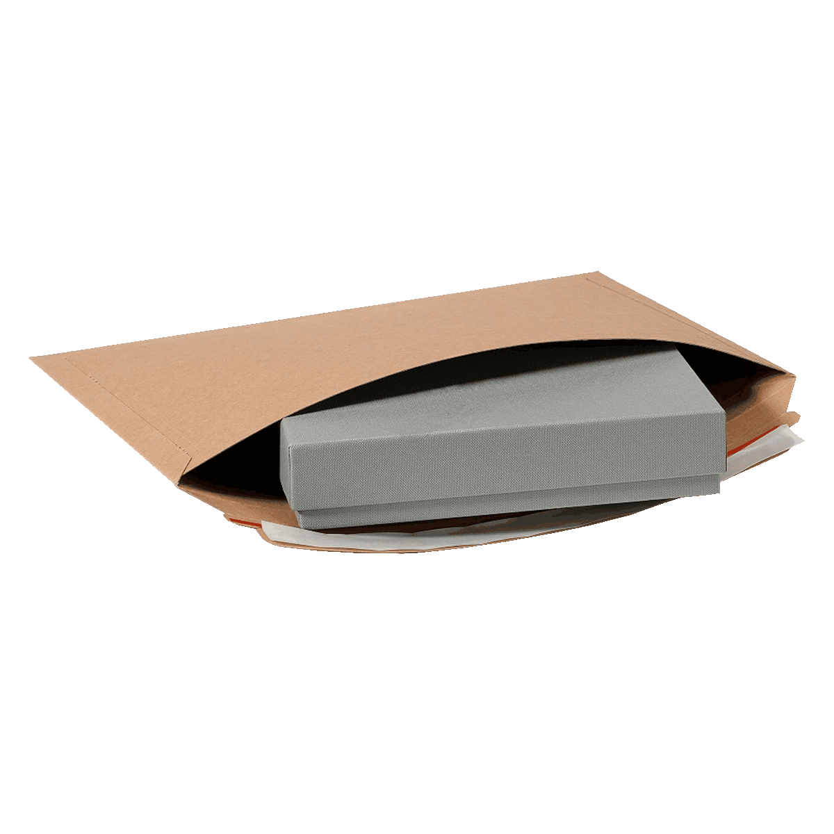 Versandtasche aus Vollpappe L mit einer grauen Produktbox