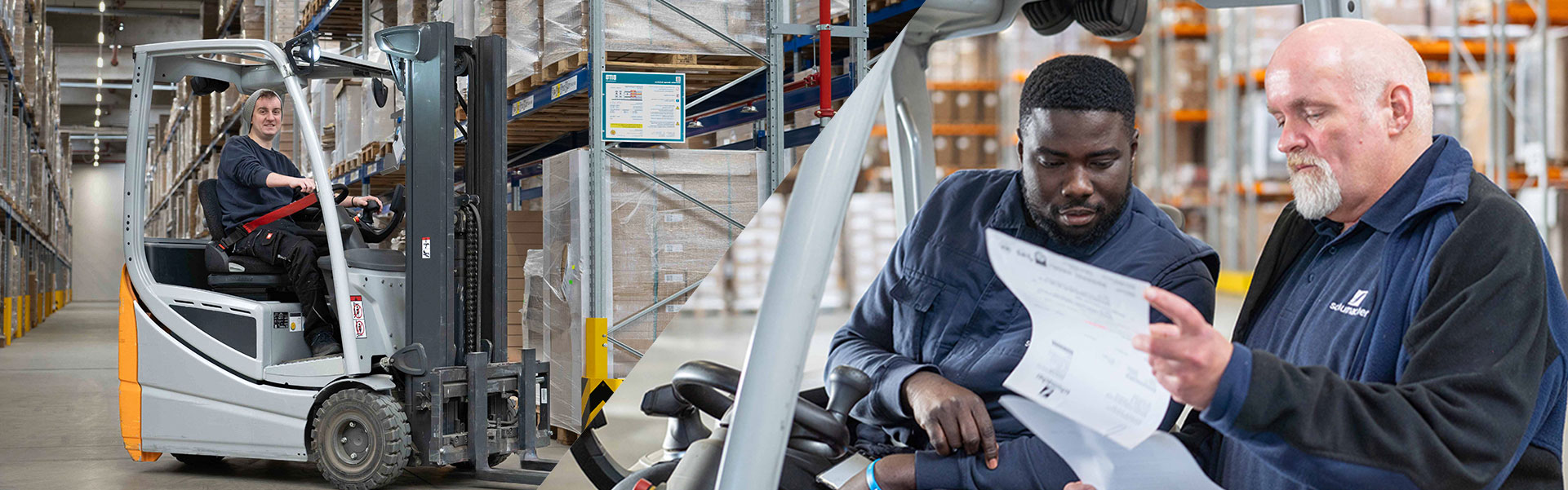 Mitarbeiter aus dem Fulfillment fahren Gabelstapler und prüfen die Aufträge