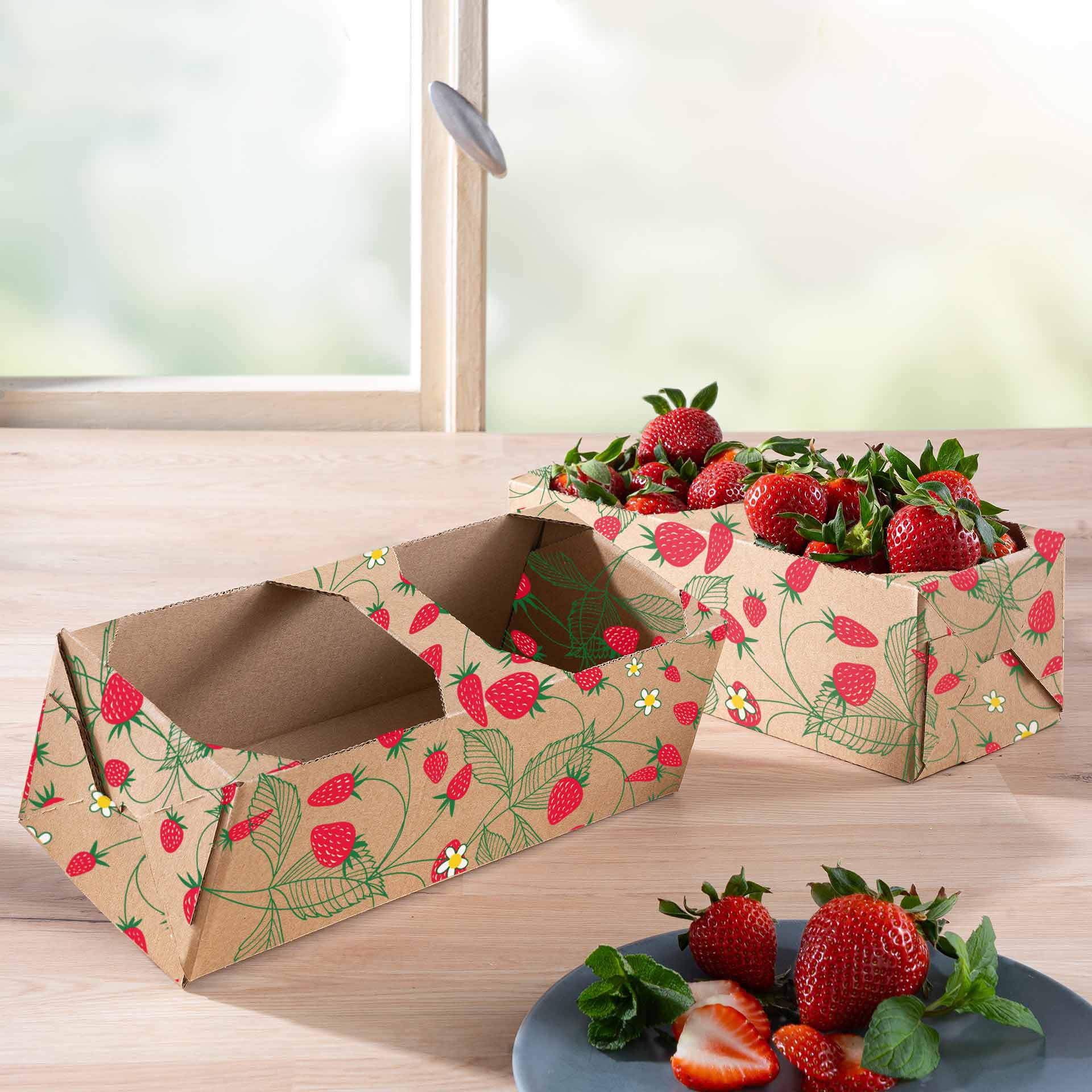 Obstkorb 1kg gefüllt mit Erdbeeren und einem Teller auf einem Tisch. 