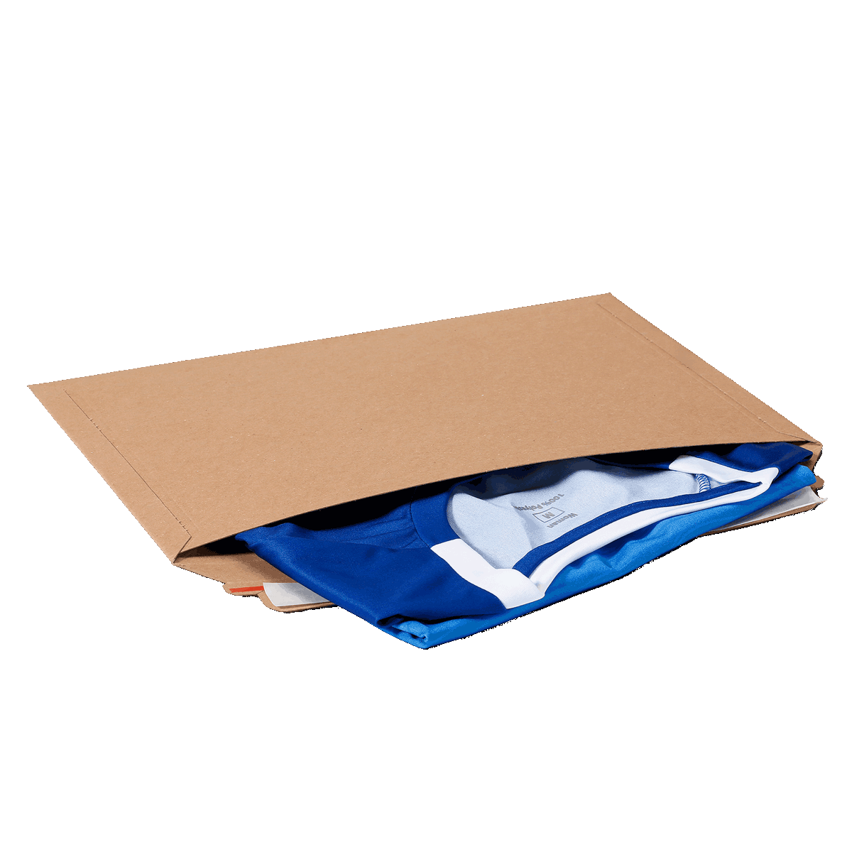 Versandtasche aus Vollpappe L mit einem blauen Tshirt