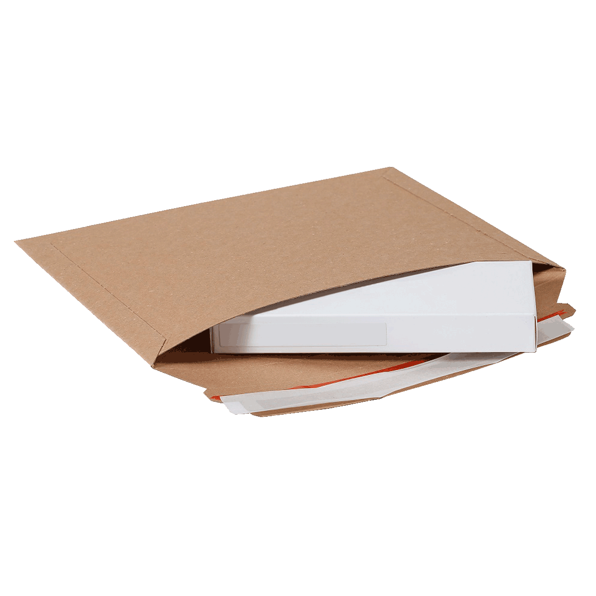 Versandtasche aus Vollpappe S mit einer weißen flachen Produktbox